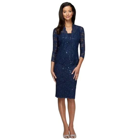 Alex Evenings Sequined Lace Sheath Dress Jacket Navy Midi Mother Of Size 12 - Picture 1 of 9